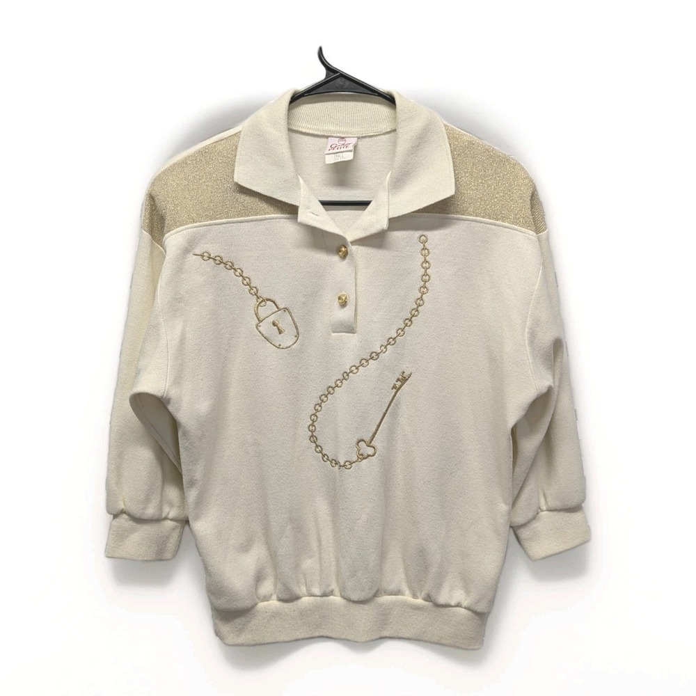 Vintage Coquette Old‎ Money Gold Chain Sweater Polo Top USA Petite Small